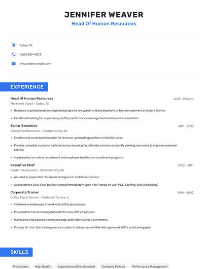 Head Of Human Resources Resume