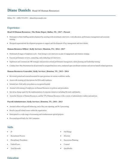 Head Of Human Resources Resume