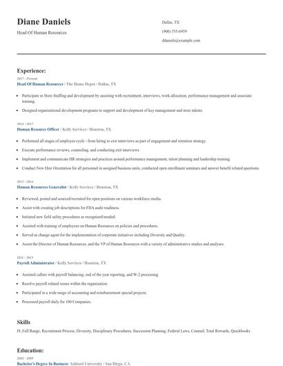 Head Of Human Resources Resume