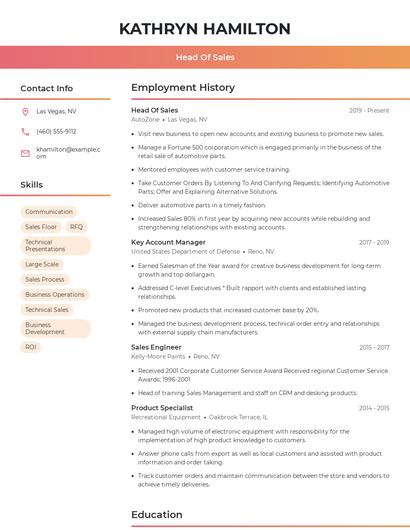 Head Of Sales Resume