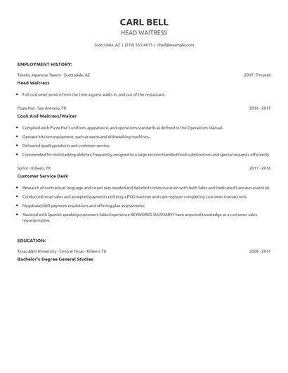 Head Waitress Resume
