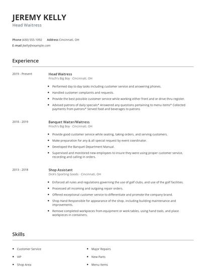 Head Waitress Resume
