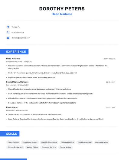Head Waitress Resume
