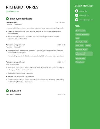 Head Waitress Resume