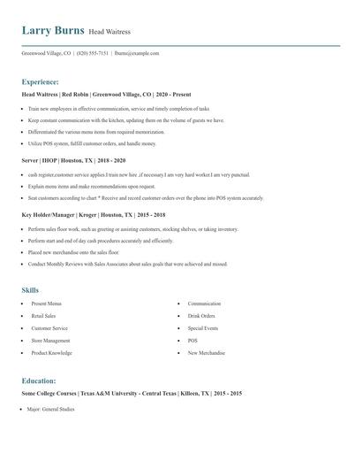 Head Waitress Resume