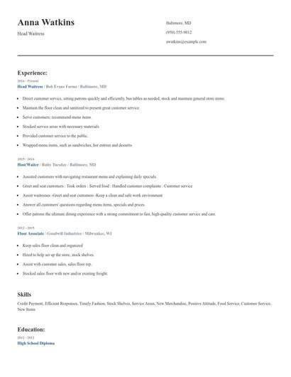 Head Waitress Resume