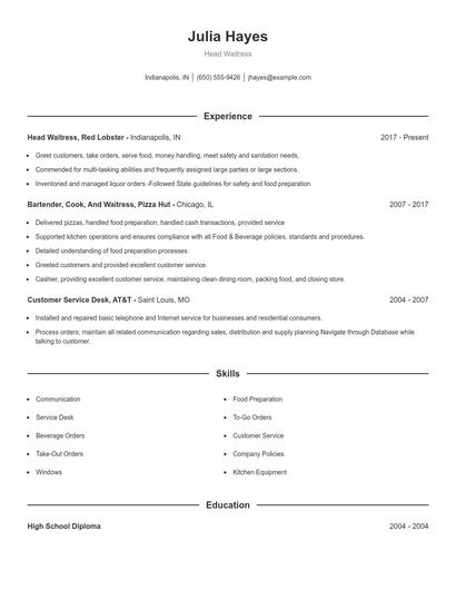Head Waitress Resume