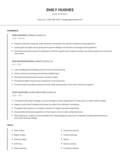 Head Waitress Resume