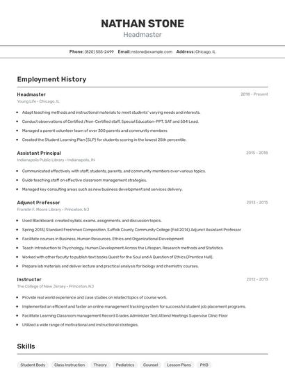 Headmaster Resume