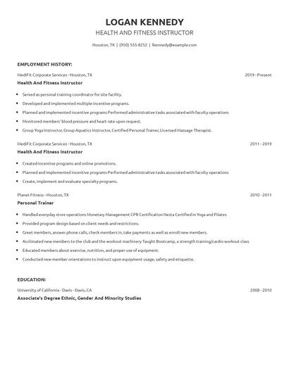 Health And Fitness Instructor Resume
