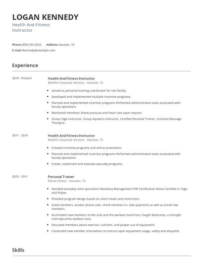 Health And Fitness Instructor Resume