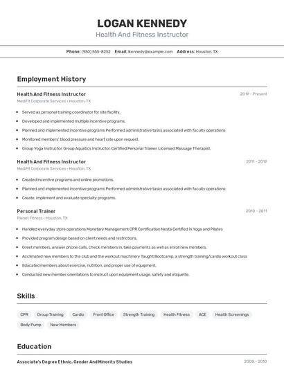 Health And Fitness Instructor Resume