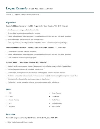 Health And Fitness Instructor Resume