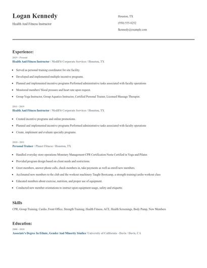 Health And Fitness Instructor Resume
