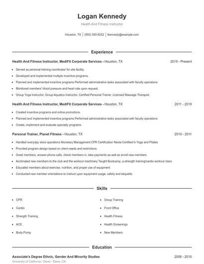Health And Fitness Instructor Resume