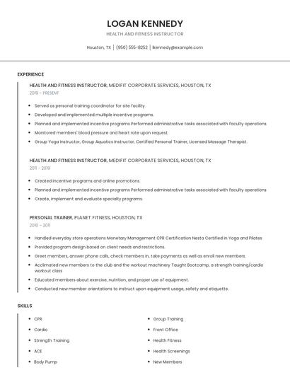 Health And Fitness Instructor Resume