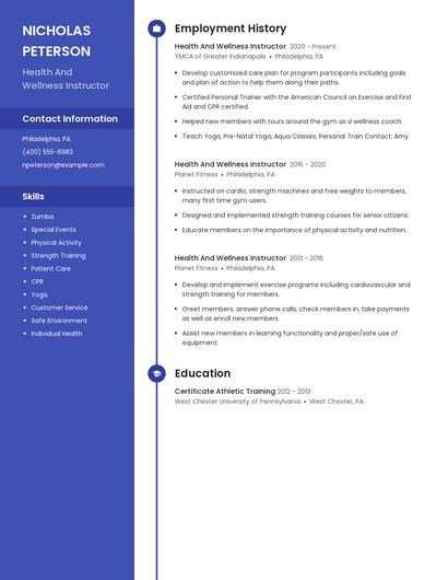 Health And Wellness Instructor Resume