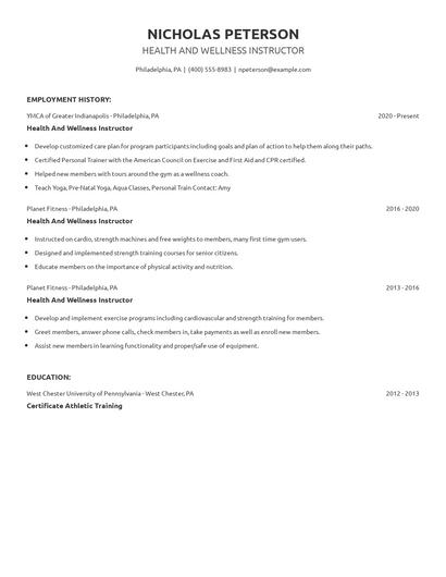Health And Wellness Instructor Resume