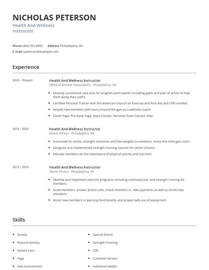 Health And Wellness Instructor Resume