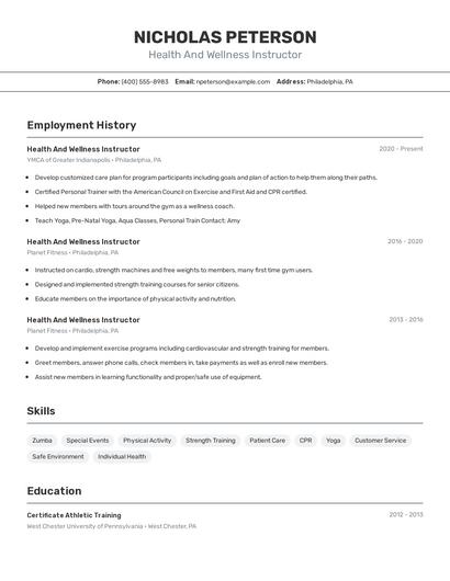 Health And Wellness Instructor Resume