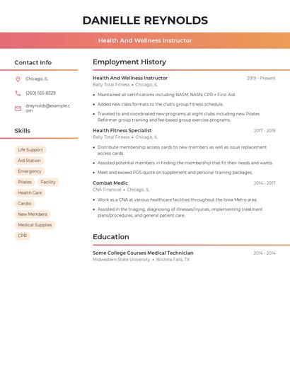 Health And Wellness Instructor Resume
