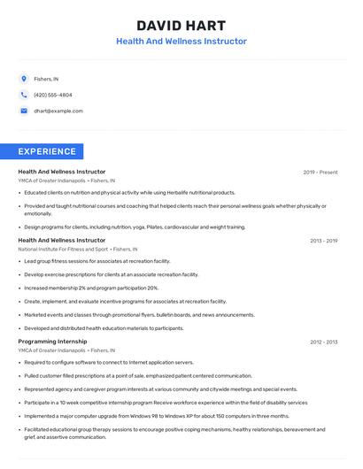 Health And Wellness Instructor Resume
