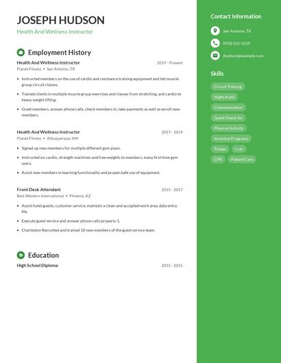 Health And Wellness Instructor Resume