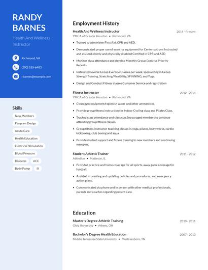 Health And Wellness Instructor Resume