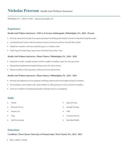 Health And Wellness Instructor Resume