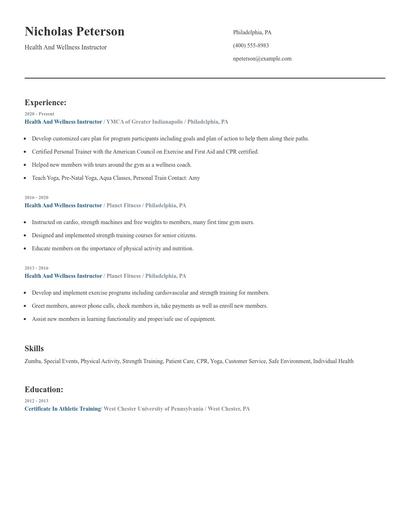 Health And Wellness Instructor Resume