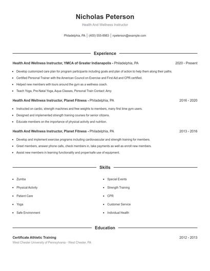 Health And Wellness Instructor Resume