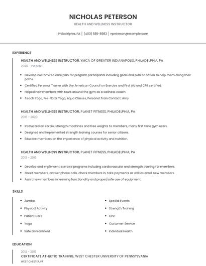 Health And Wellness Instructor Resume