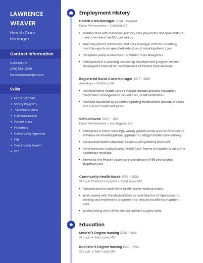 Health Care Manager Resume