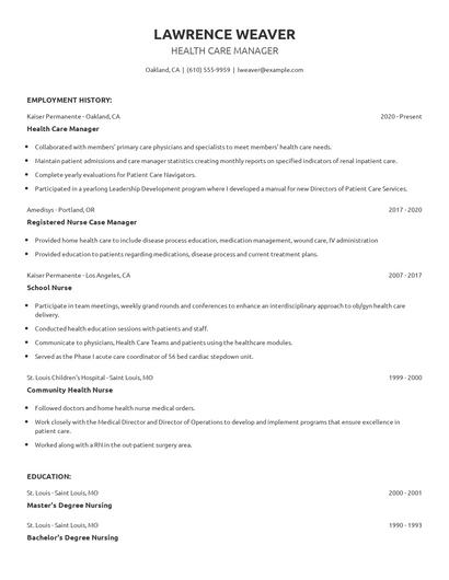 Health Care Manager Resume