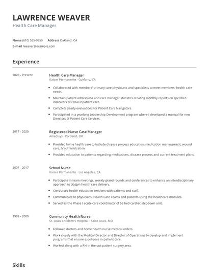 Health Care Manager Resume