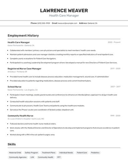 Health Care Manager Resume
