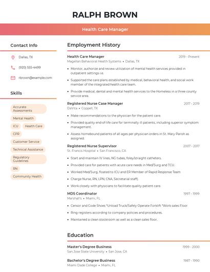 Health Care Manager Resume