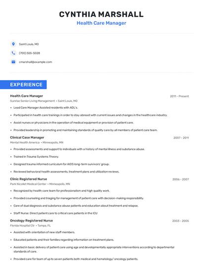 Health Care Manager Resume