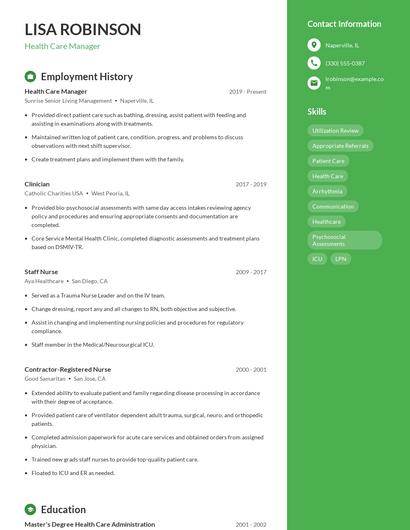 Health Care Manager Resume