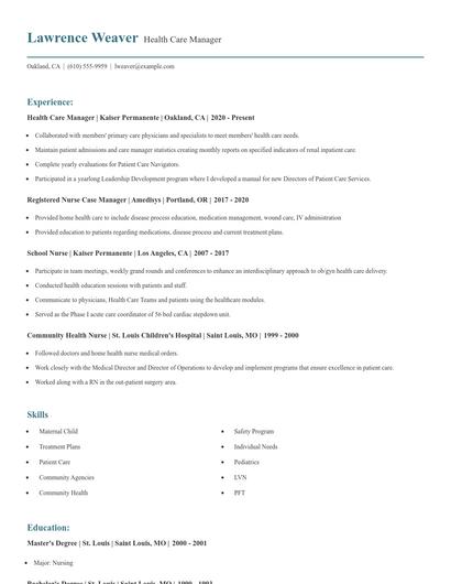 Health Care Manager Resume