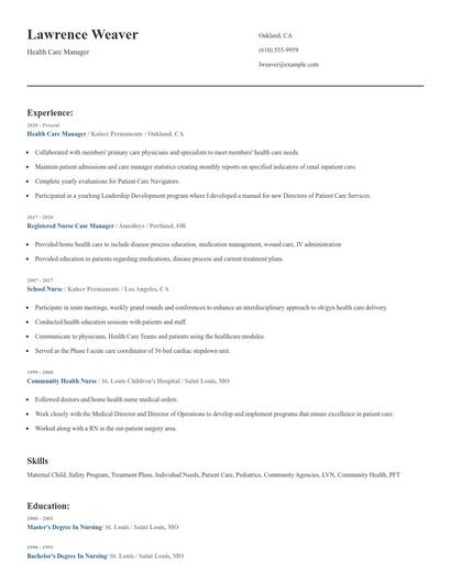 Health Care Manager Resume