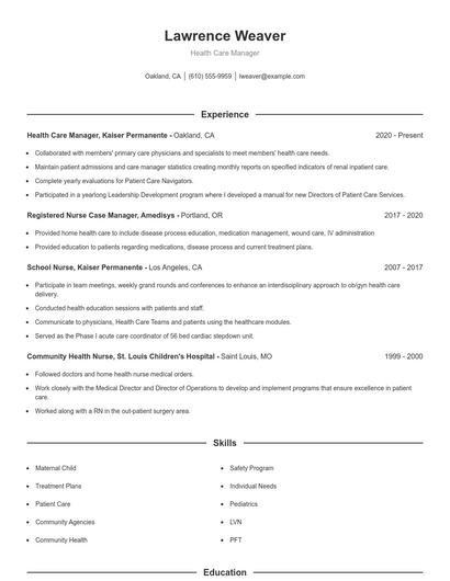 Health Care Manager Resume