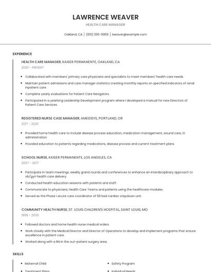 Health Care Manager Resume