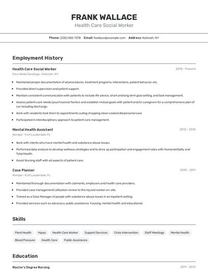 Health Care Social Worker Resume