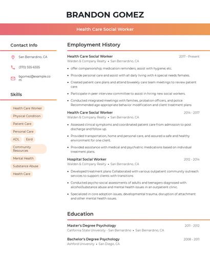 Health Care Social Worker Resume