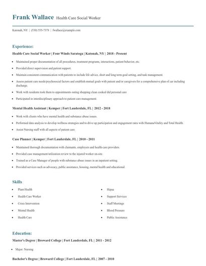 Health Care Social Worker Resume
