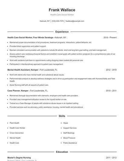Health Care Social Worker Resume