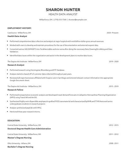 Health Data Analyst Resume