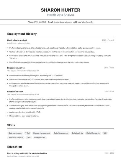 Health Data Analyst Resume