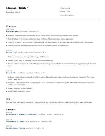 Health Data Analyst Resume